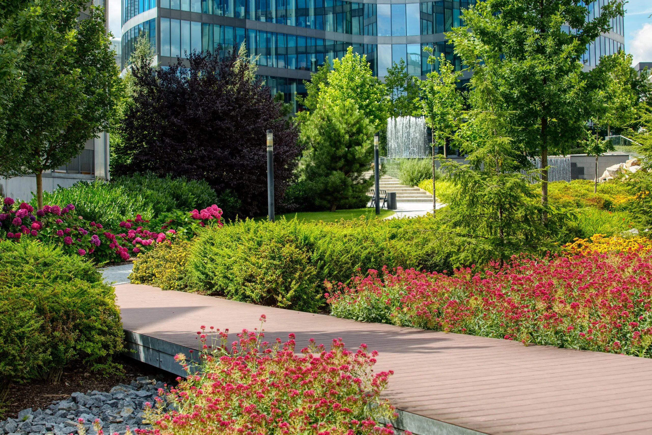Landscaped garden and fountain outside the office building